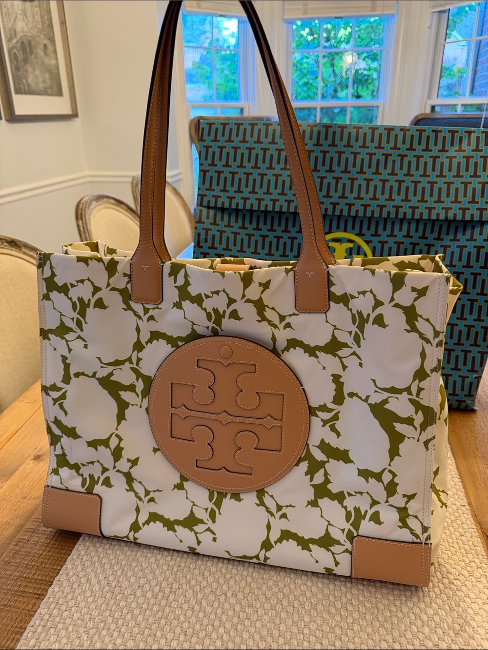 Tory Burch Olive and White Floral Canvas Tote with Tan Leather Trim